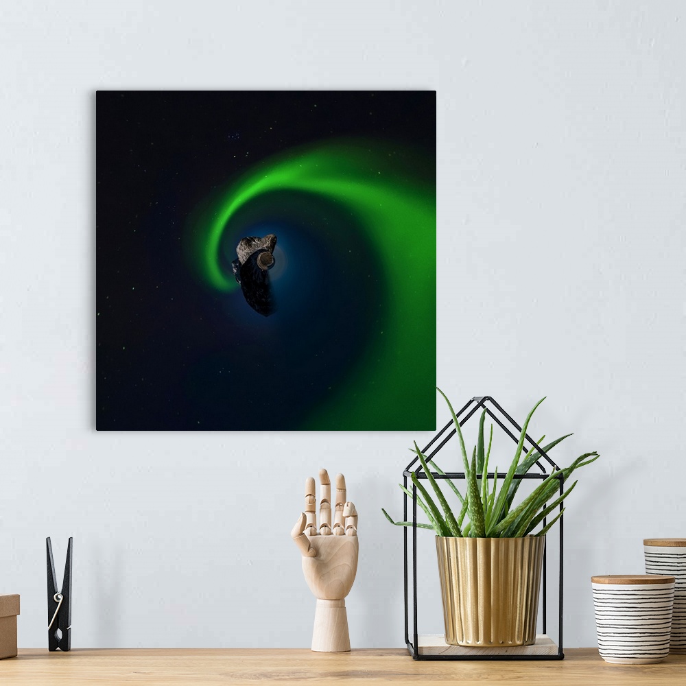 A bohemian room featuring Swirling green aurora borealis, with a stereographic projection effect on the image, resembling a...