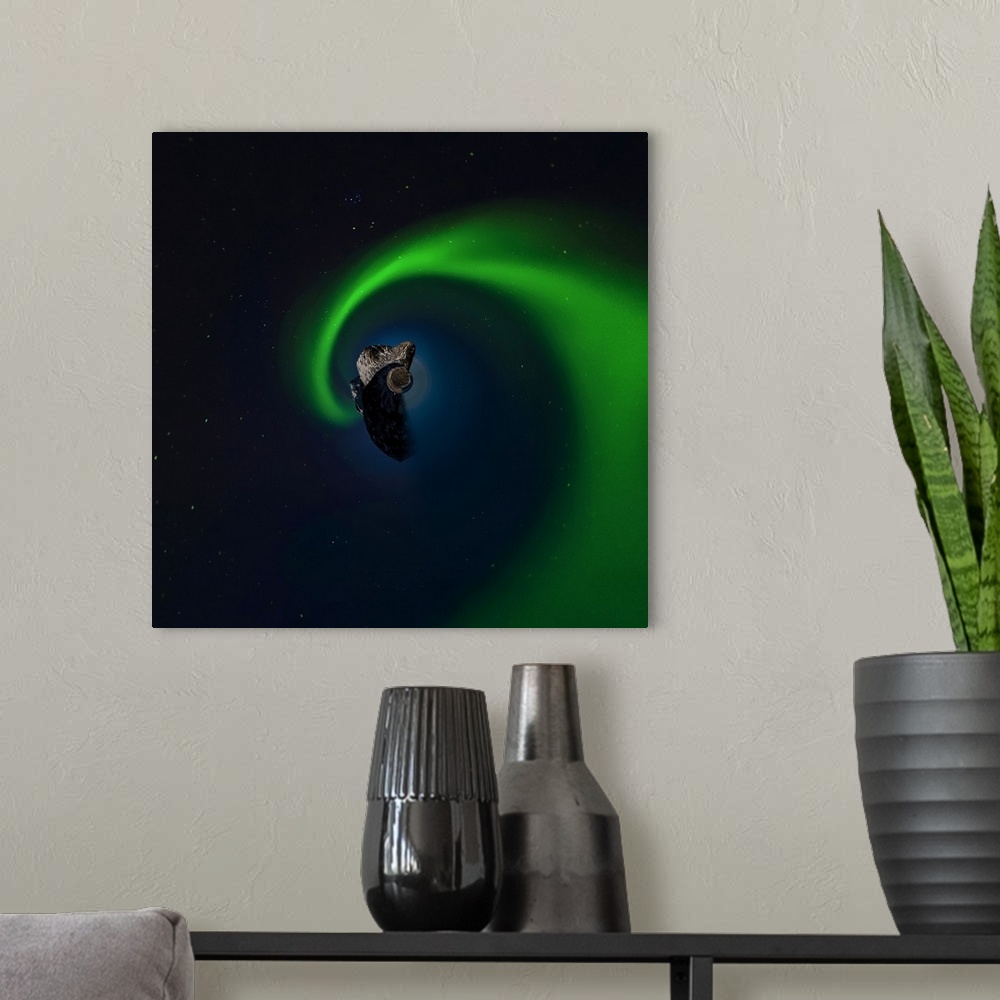 A modern room featuring Swirling green aurora borealis, with a stereographic projection effect on the image, resembling a...