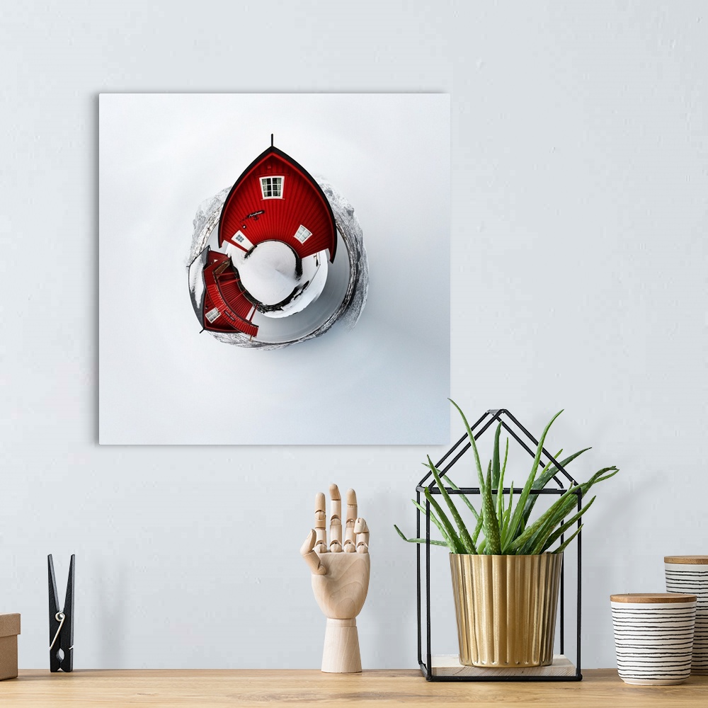 A bohemian room featuring A bright red barn standing out against the stark white snow, with a stereographic projection effe...