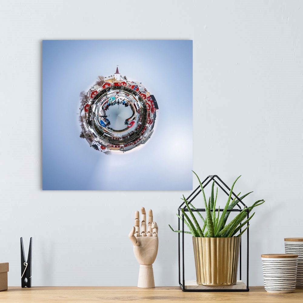 A bohemian room featuring Several red fishing shacks at the edge of a seaside town, with a stereographic projection effect ...