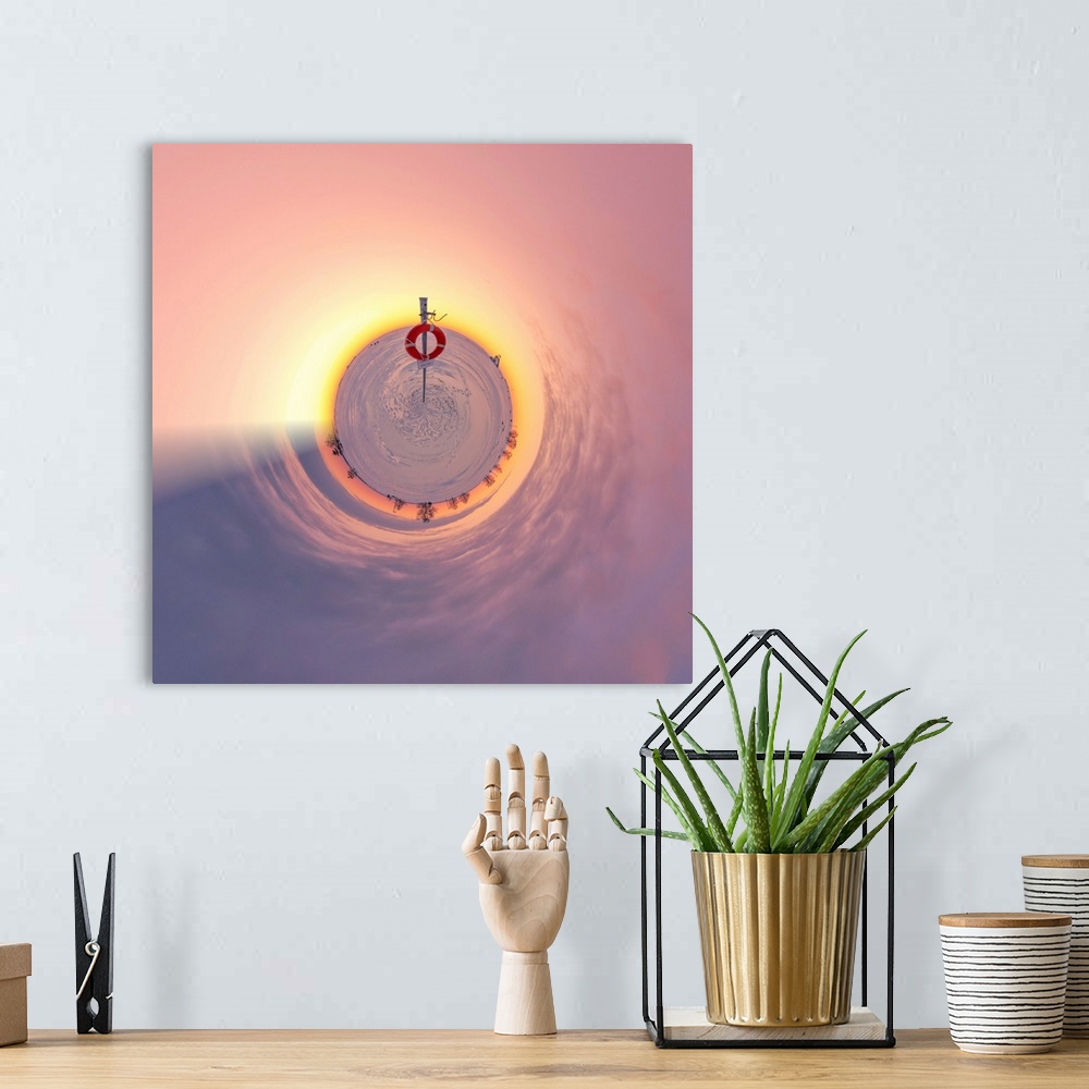 A bohemian room featuring Colorful sunrise turning the sky pastel pink and purple, with a stereographic projection effect o...