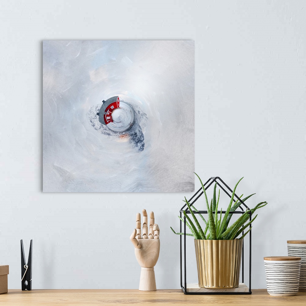 A bohemian room featuring A red barn surrounded by tall mountains in the winter, with a stereographic projection effect on ...