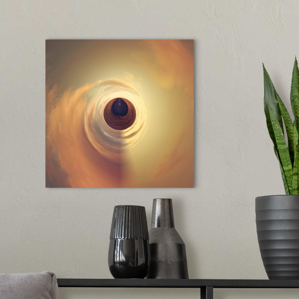 A modern room featuring A road under a sky glowing orange at sunset, with a stereographic projection effect on the image,...