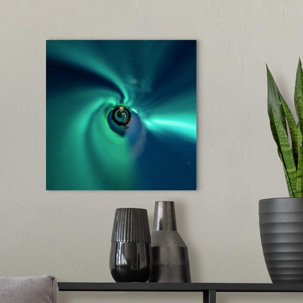 A modern room featuring The Northern Lights glowing green at night, with a stereographic projection effect on the image, ...