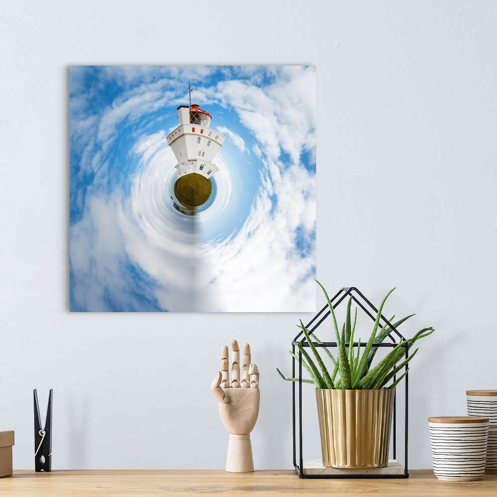 A bohemian room featuring A tall white building rising into the cloudy sky, with a stereographic projection effect on the i...