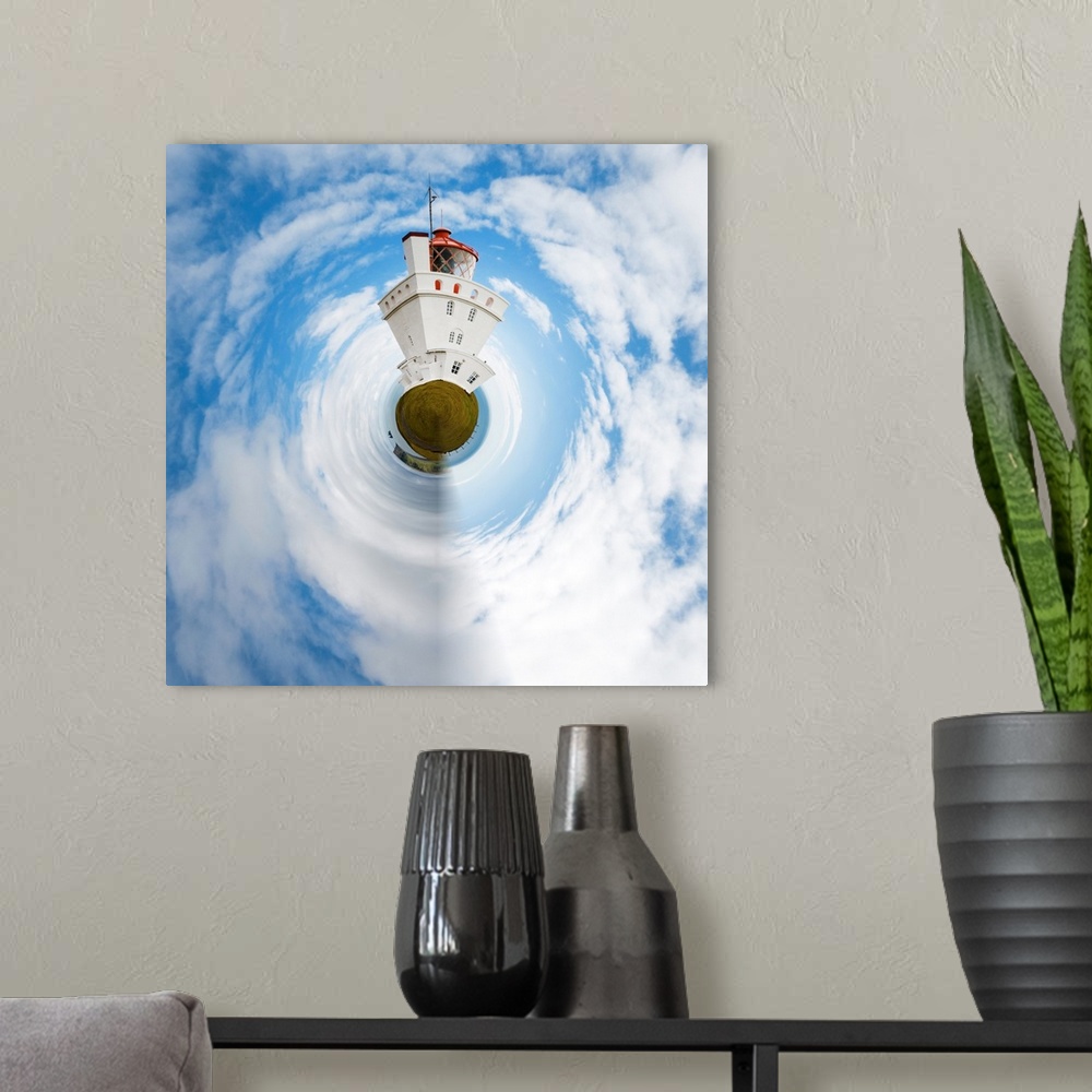 A modern room featuring A tall white building rising into the cloudy sky, with a stereographic projection effect on the i...