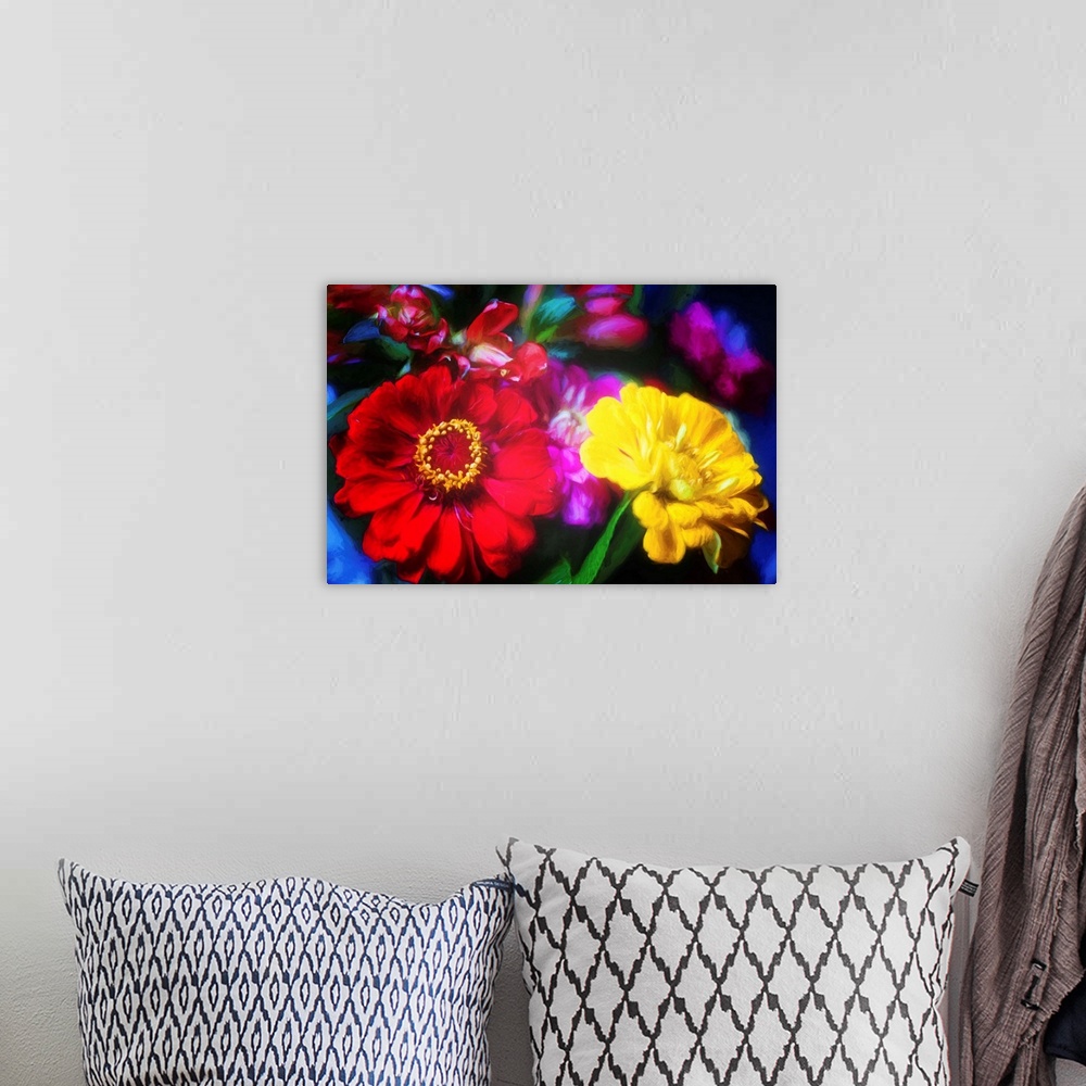 A bohemian room featuring Close-up photograph of yellow, purple, and red flowers with a painted look finish.