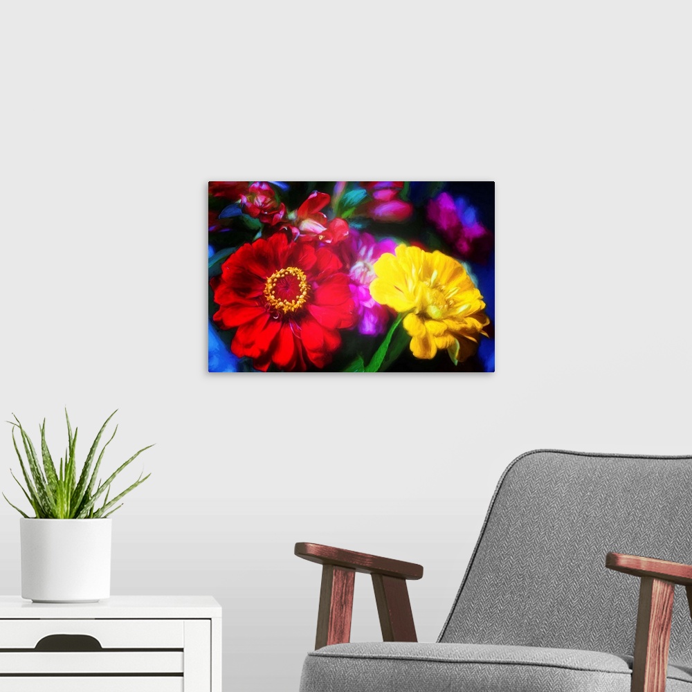 A modern room featuring Close-up photograph of yellow, purple, and red flowers with a painted look finish.