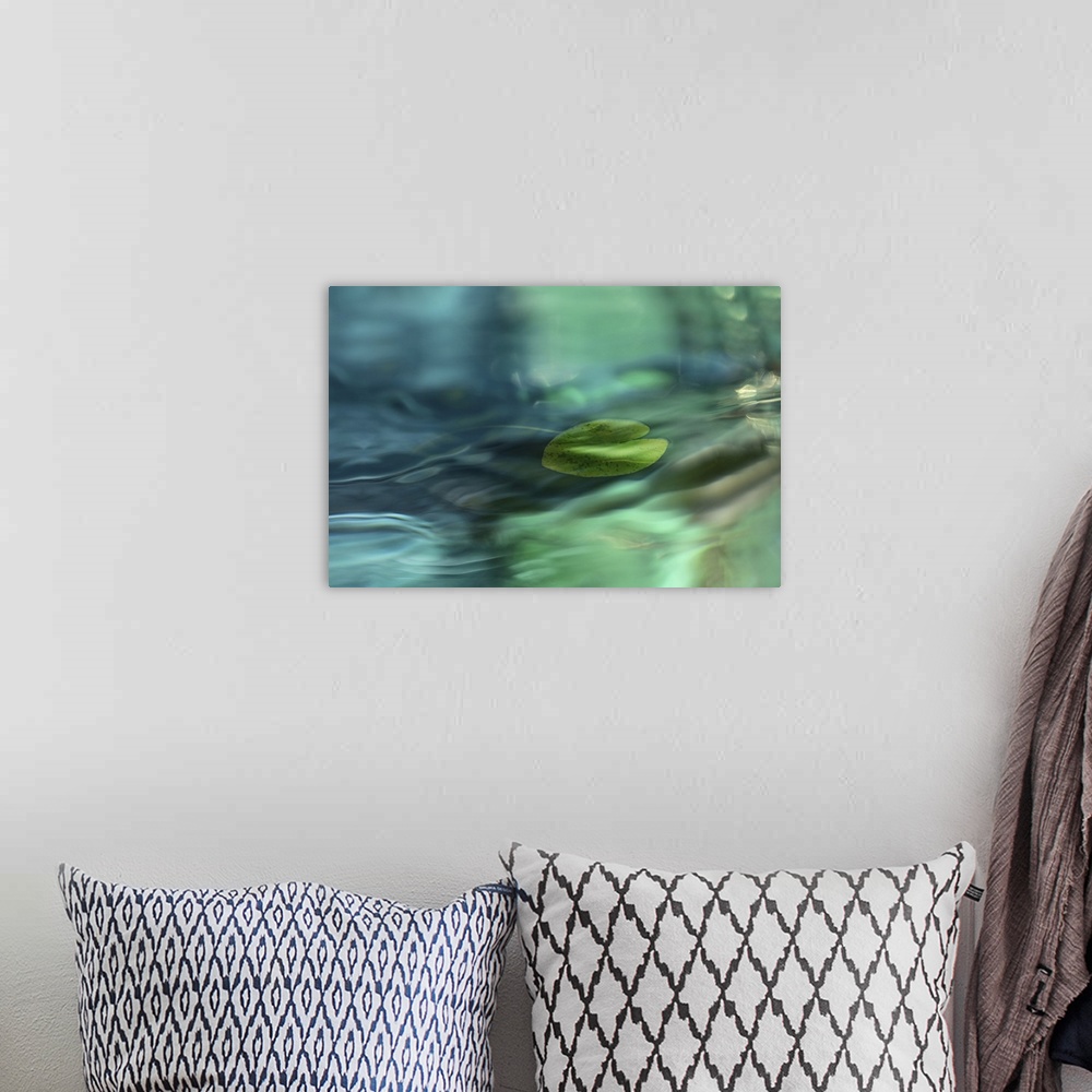 A bohemian room featuring A water lily leaf with several layers of abstract water motif.