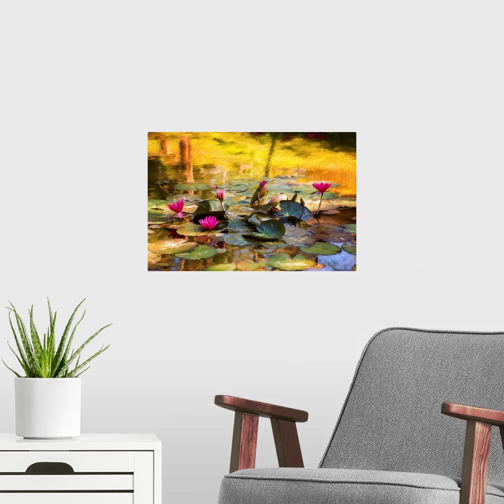 A modern room featuring Water lily flowers in expressionist photo