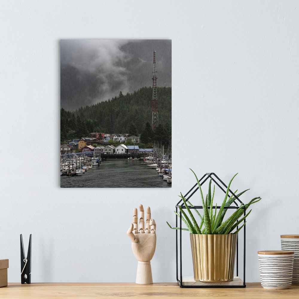 A bohemian room featuring A gentle and peaceful rain falls on beautiful Ketchikan Harbor, with it's backdrop of evergreen m...
