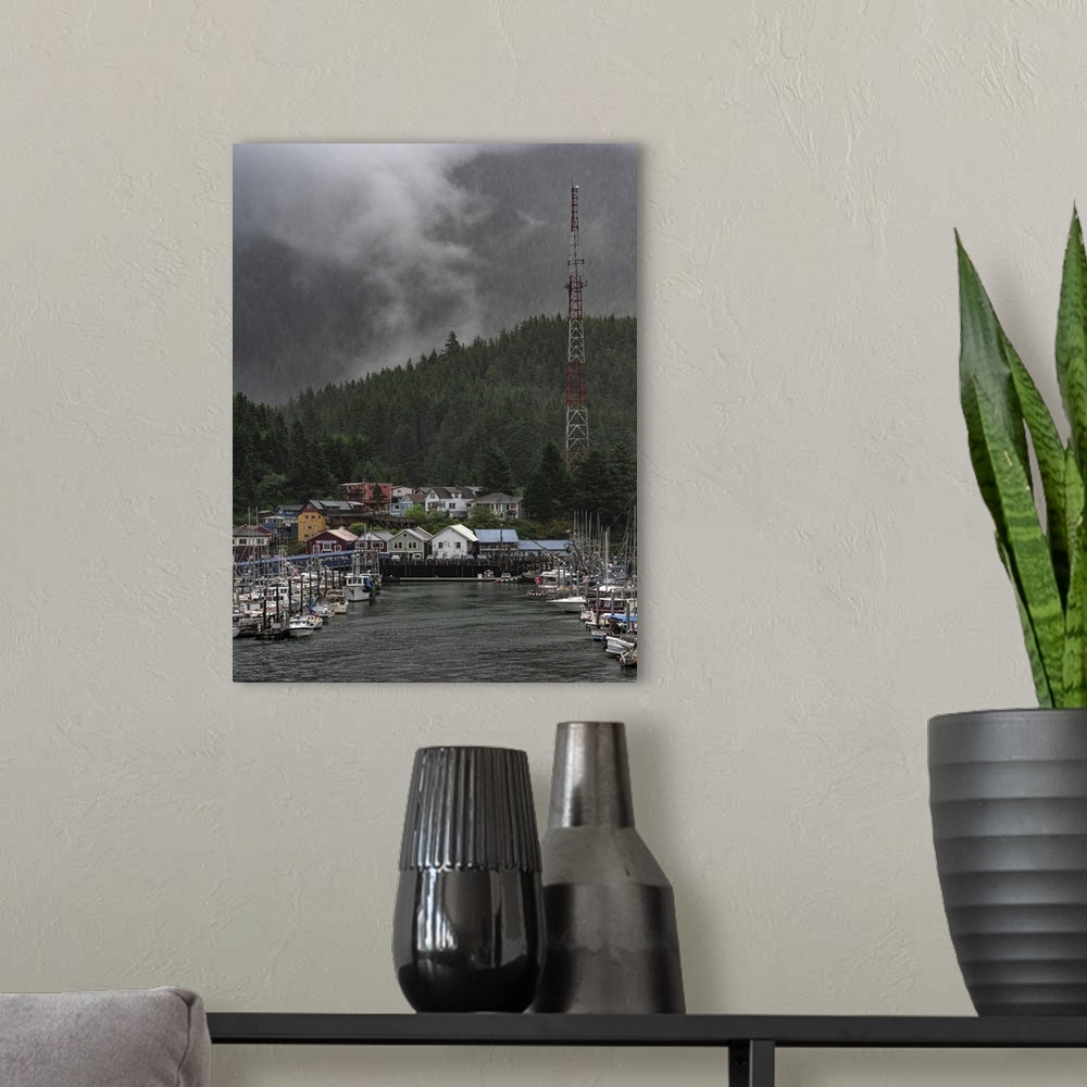 A modern room featuring A gentle and peaceful rain falls on beautiful Ketchikan Harbor, with it's backdrop of evergreen m...
