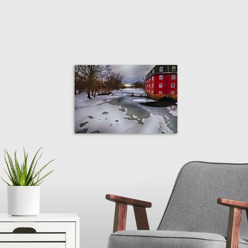 A modern room featuring Winter Landscape with the Kingston Gristmill at the Lake Carnegie Dam, New Jersey, USA