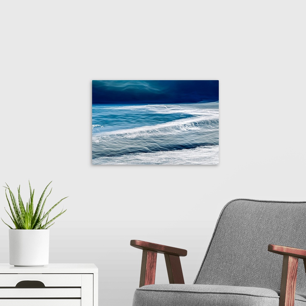 A modern room featuring Close-up of very blue Kootenay Lake on a windy day, whitecaps on the water. Photo made using the ...