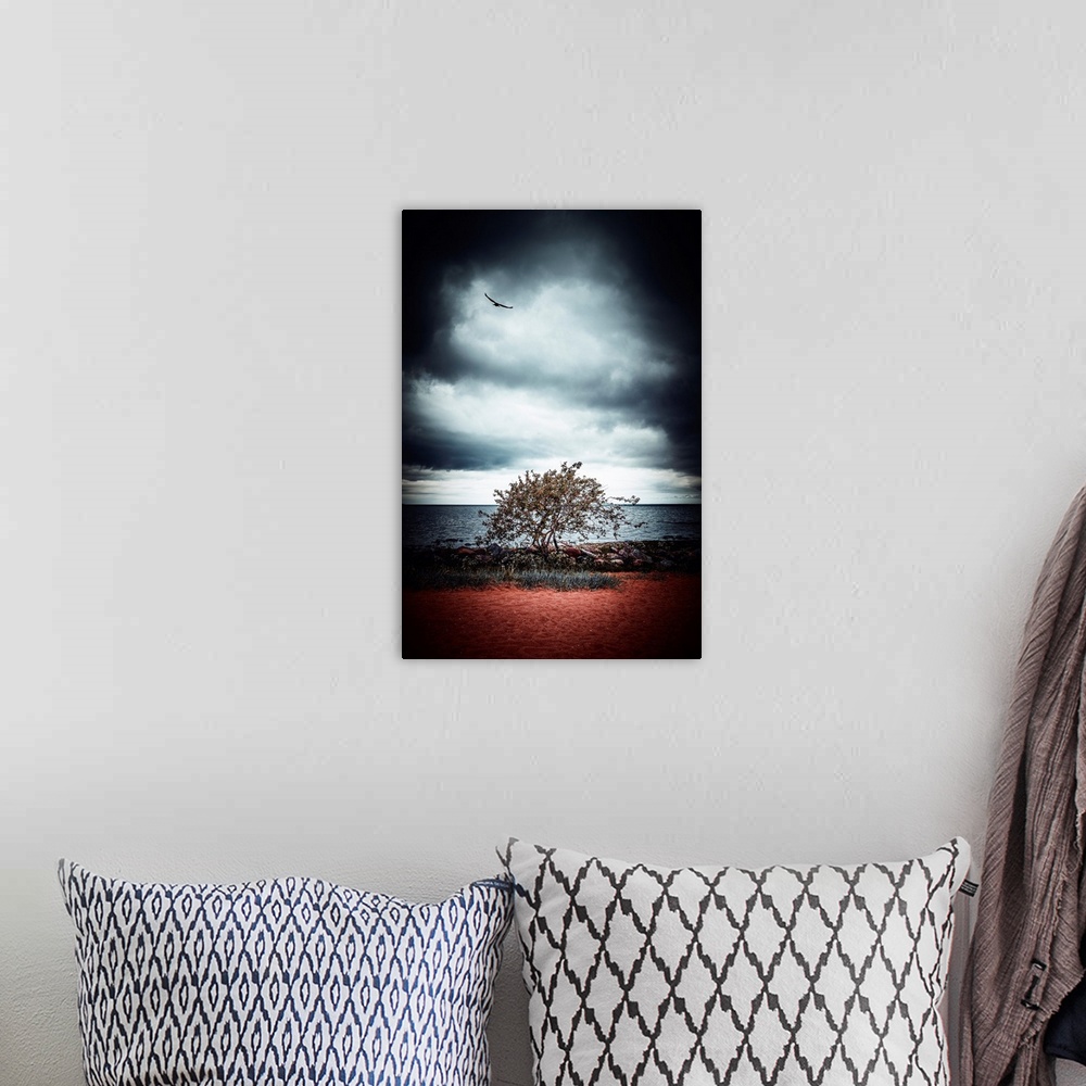A bohemian room featuring Stormy sky above a tree by the sea
