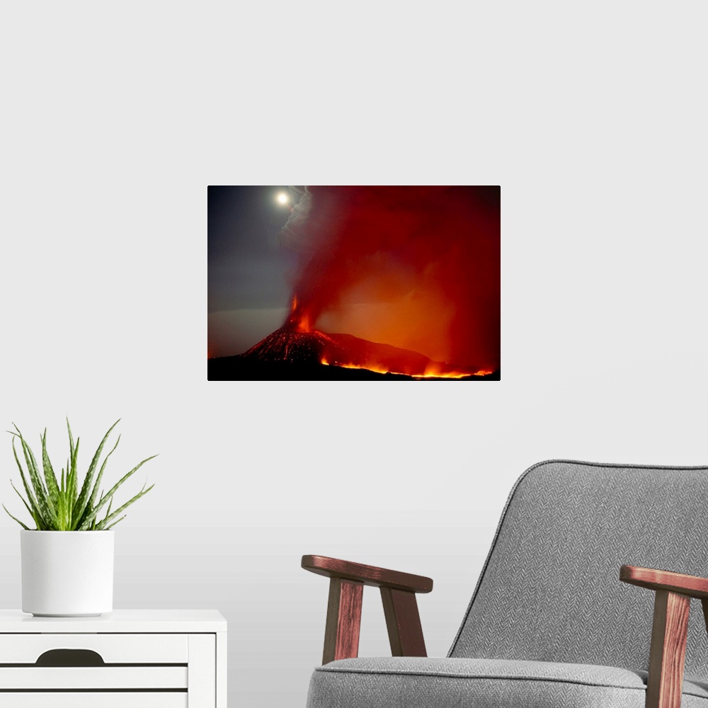 A modern room featuring Moon over erupting summit vent, Mt. Etna, Sicily, Italy