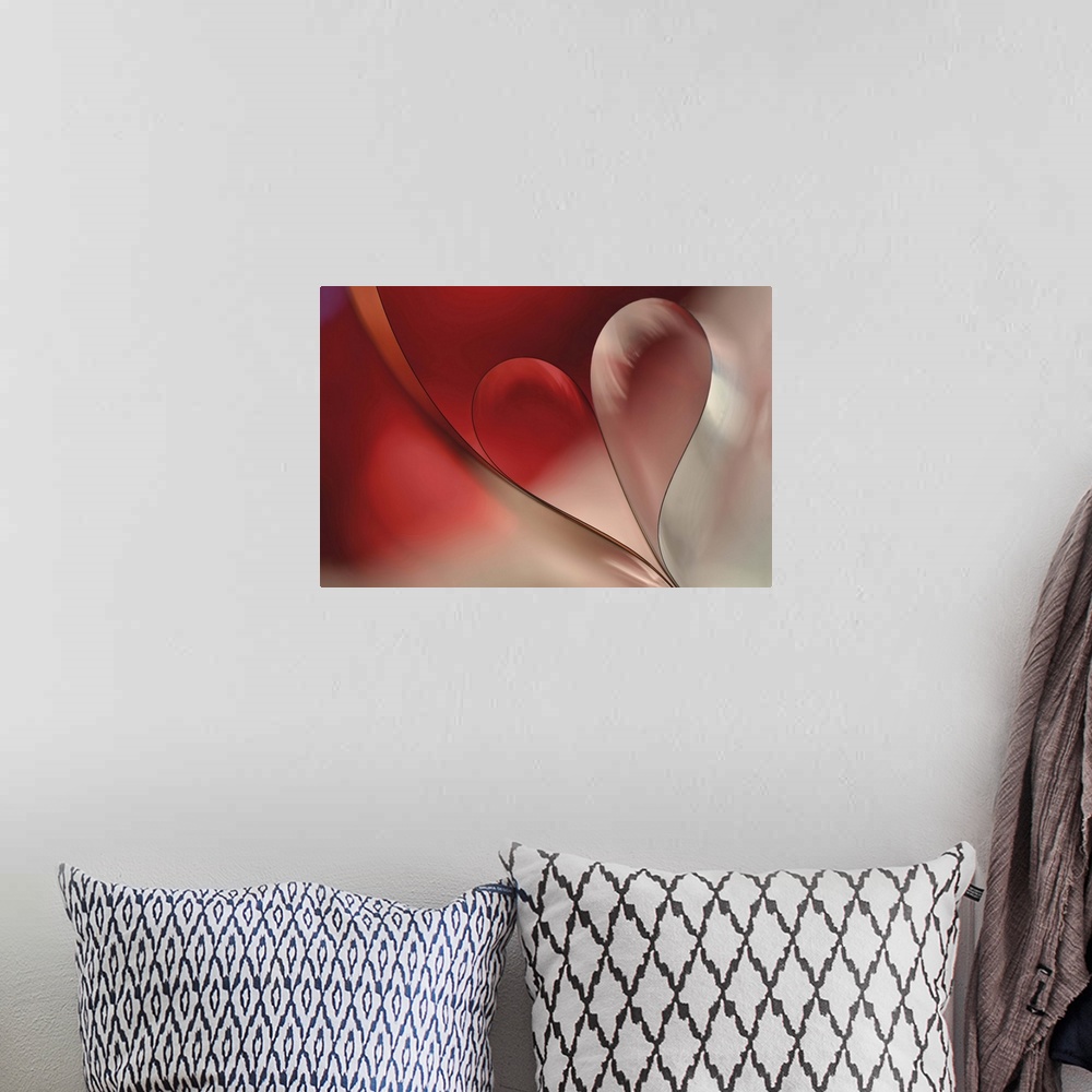 A bohemian room featuring A macro photograph of a heart made from curved shapes against a red background.