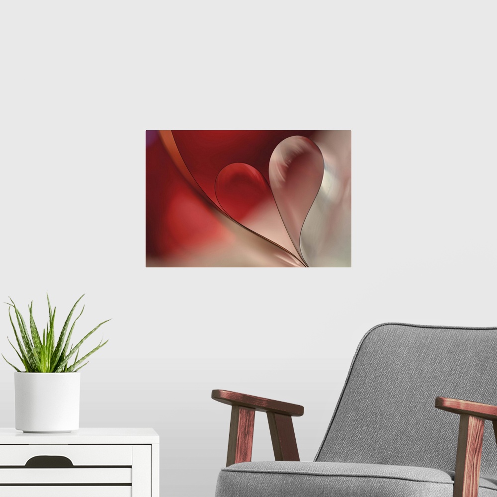 A modern room featuring A macro photograph of a heart made from curved shapes against a red background.