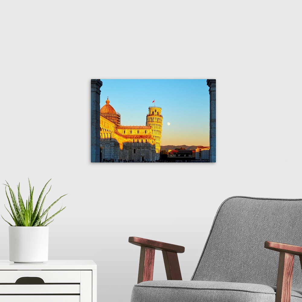 A modern room featuring Low angle view of the Church of Pisa with the Leaning Tower, Tuscany, Italy.