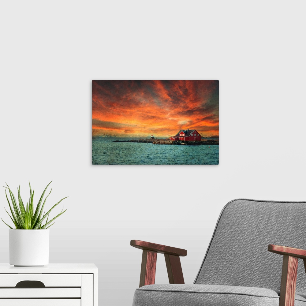 A modern room featuring Aged photograph of a lighthouse with a red house next to it, surrounded by water and a beautiful ...