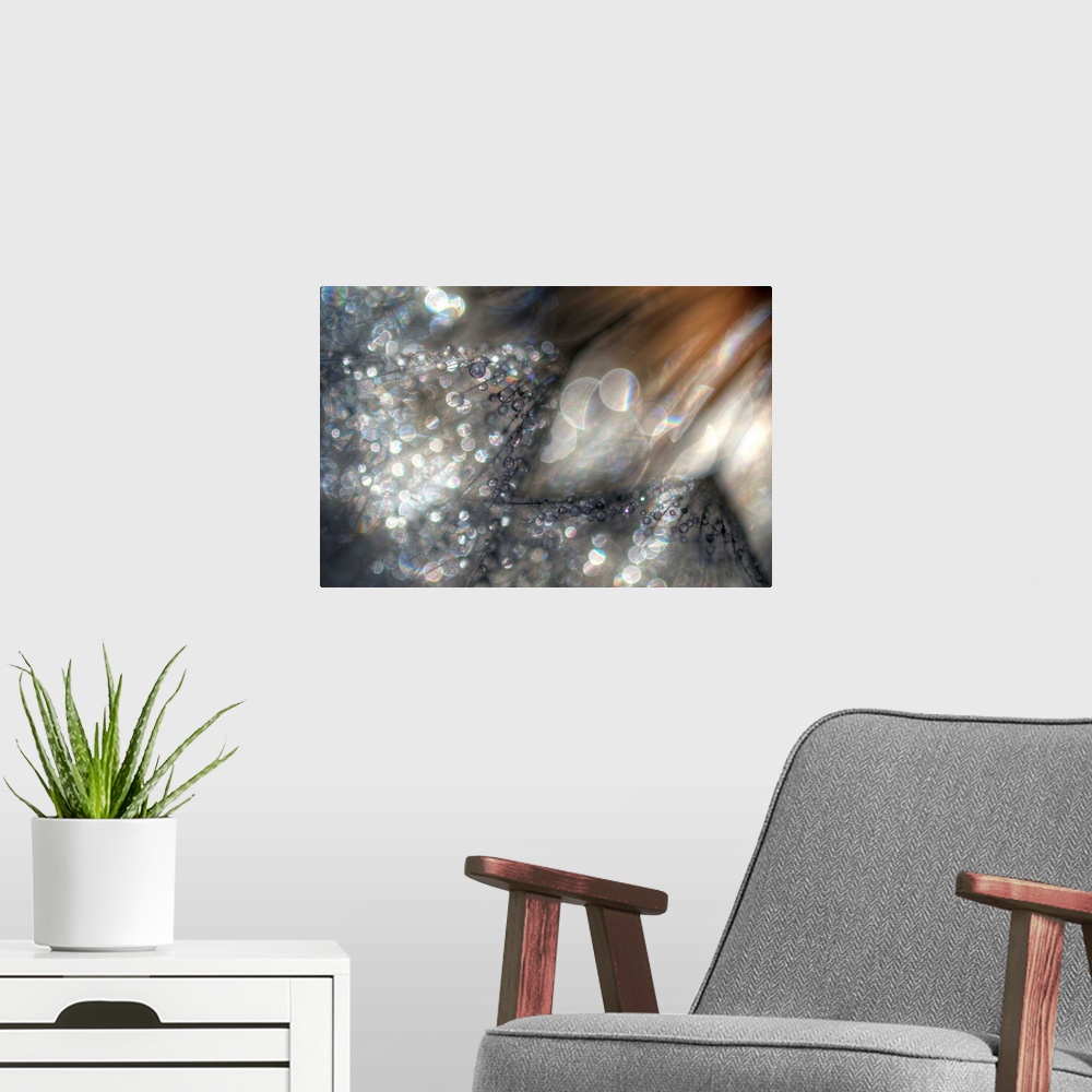 A modern room featuring Large abstract canvas print of light and earth toned colors with bright and dark circles of light...