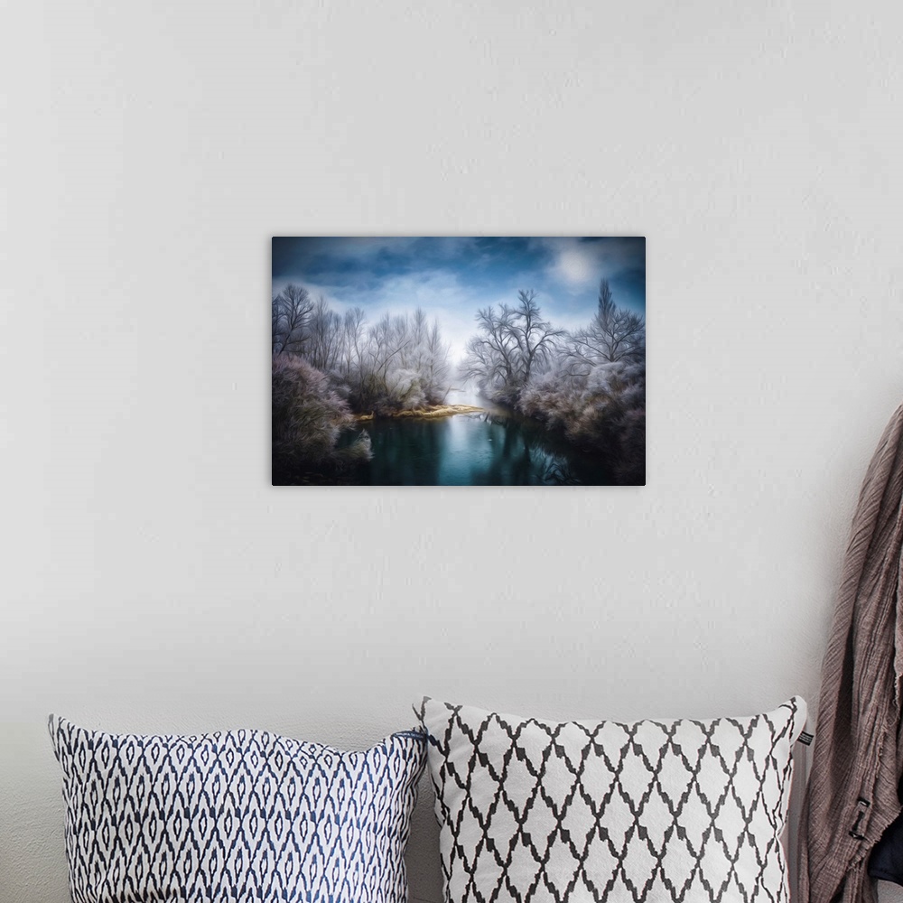 A bohemian room featuring Photo Expressionism - Blue river surrounded by frozen trees in winter.