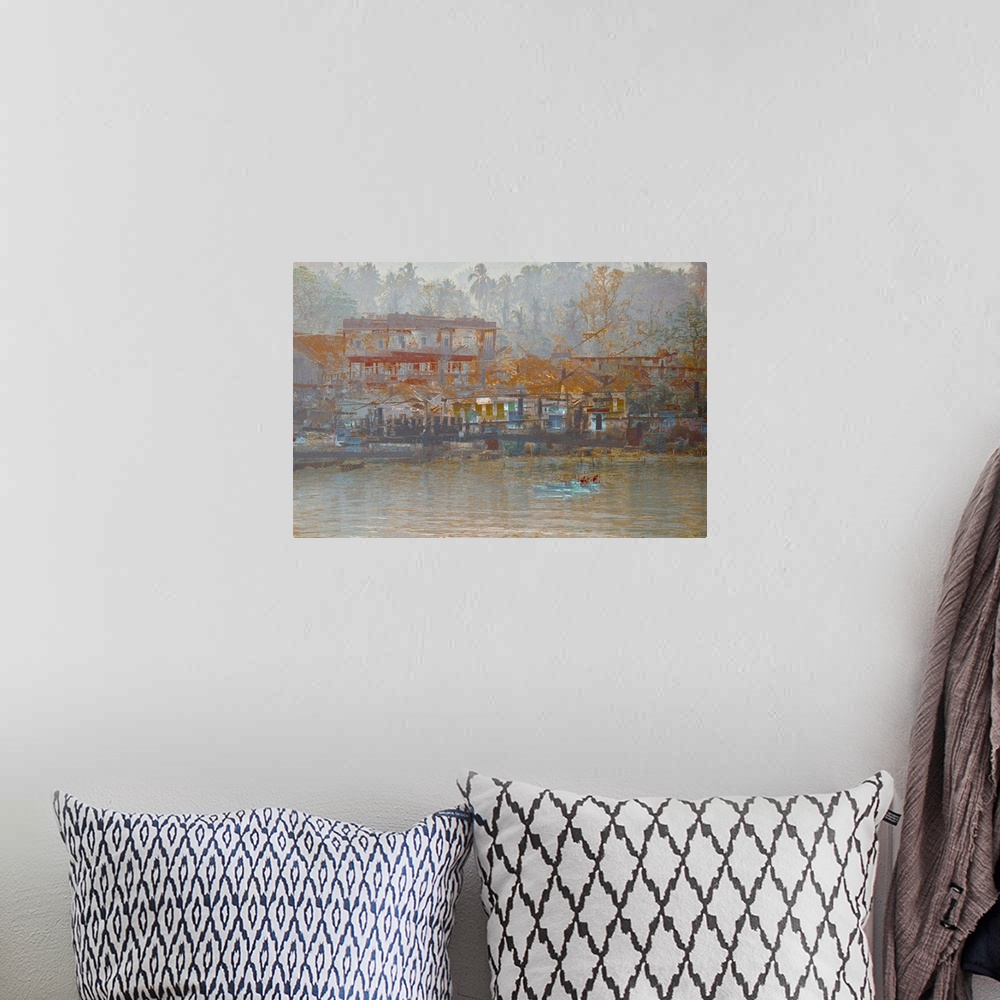 A bohemian room featuring Unique photograph of buildings and the harbor in the town of Kerala, India with a rough gray over...