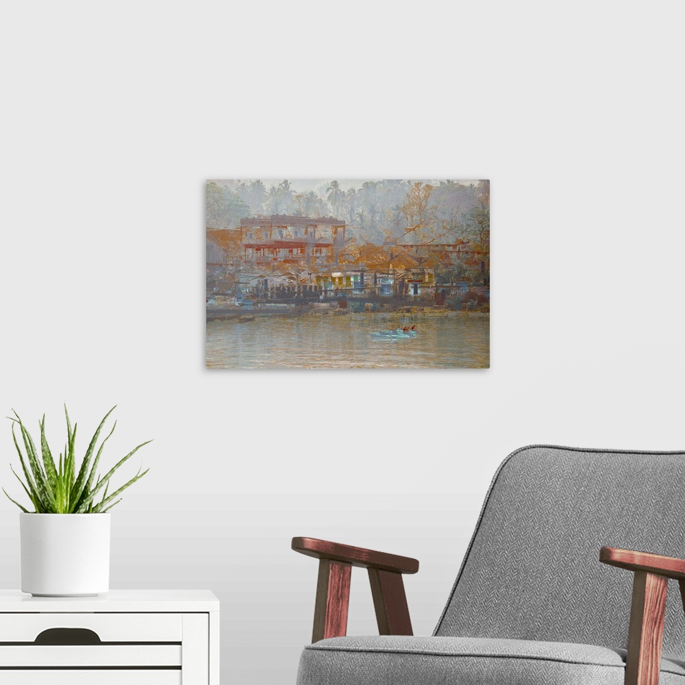 A modern room featuring Unique photograph of buildings and the harbor in the town of Kerala, India with a rough gray over...