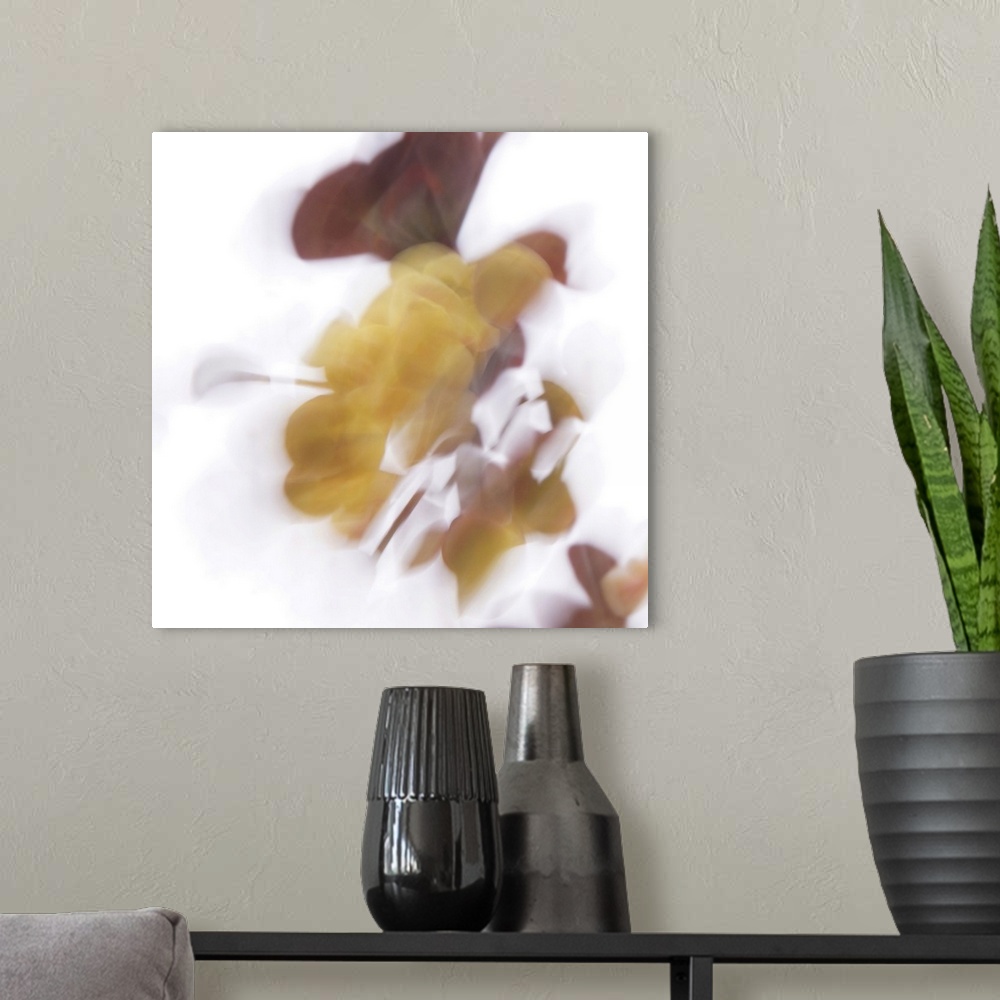 A modern room featuring Artistically blurred small yellow flowers in beautiful summer light.