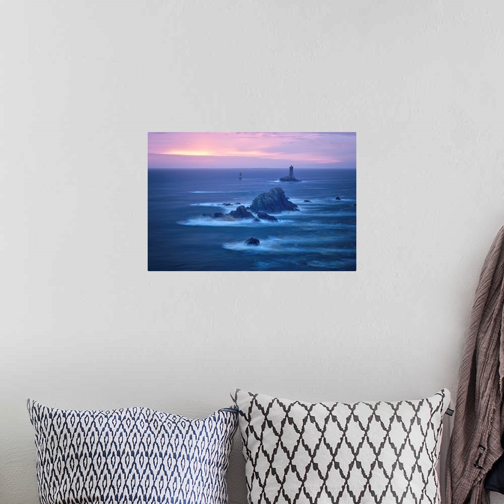 A bohemian room featuring Pink sunset at Pointe du Raz in France, Finistere, Brittany, with, la vieille, lighthouse in the ...