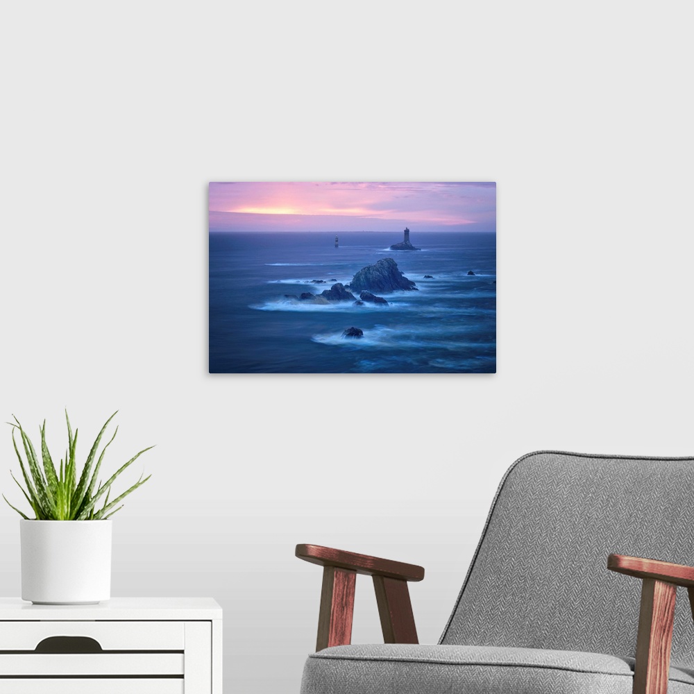 A modern room featuring Pink sunset at Pointe du Raz in France, Finistere, Brittany, with, la vieille, lighthouse in the ...