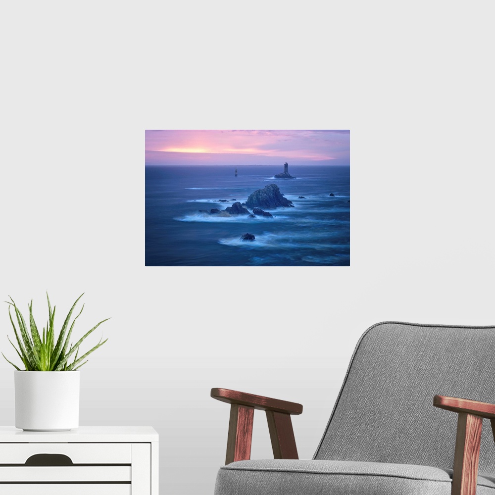 A modern room featuring Pink sunset at Pointe du Raz in France, Finistere, Brittany, with, la vieille, lighthouse in the ...