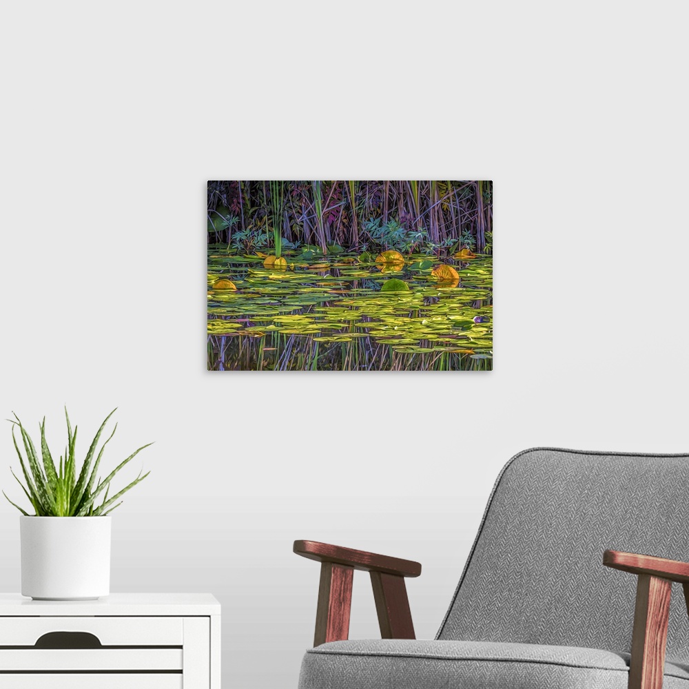 A modern room featuring A colorful painterly scene of a marsh with lily pads.