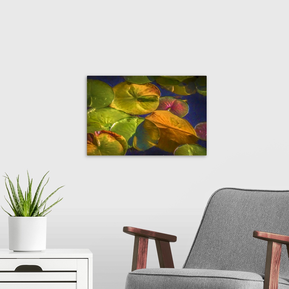 A modern room featuring A colorful painterly scene of lily pads.