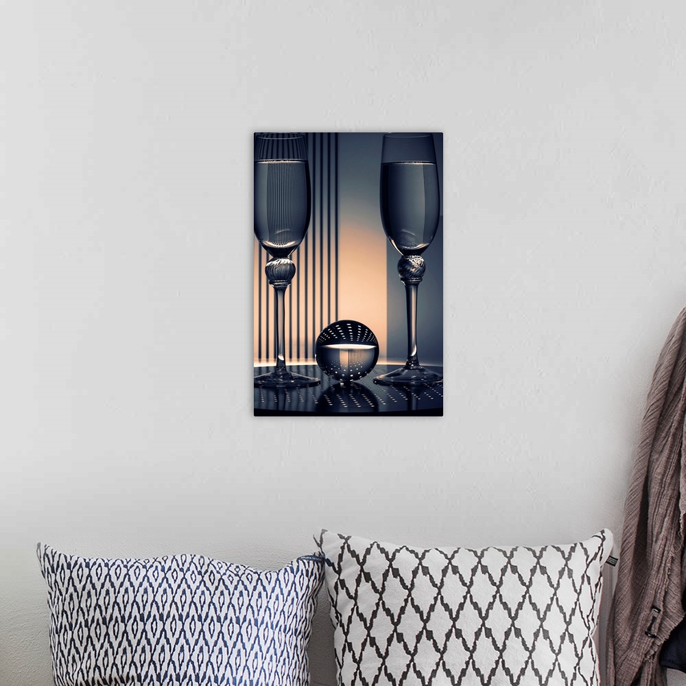 A bohemian room featuring Photograph of a glass ball in between two champagne flutes reflecting all of the shapes and patte...