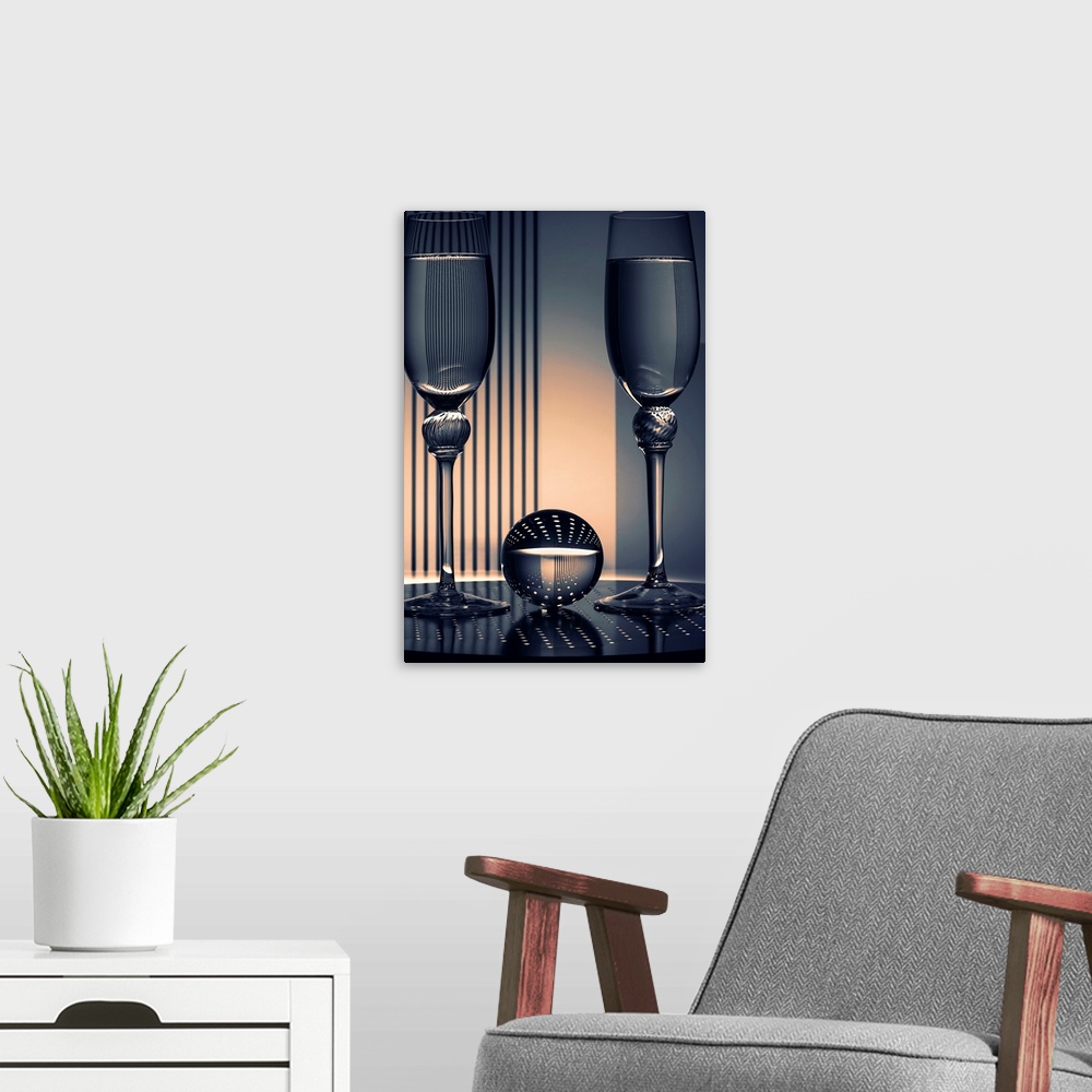 A modern room featuring Photograph of a glass ball in between two champagne flutes reflecting all of the shapes and patte...