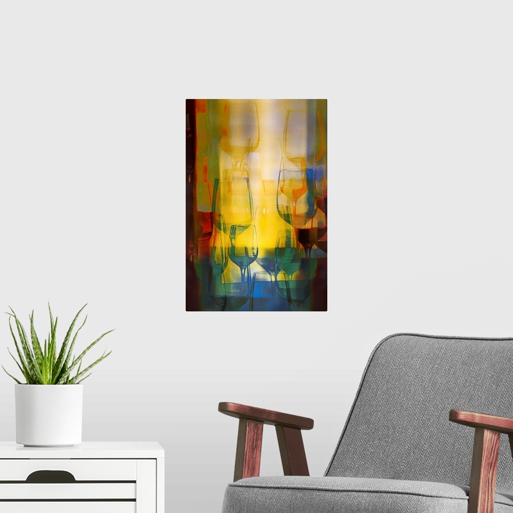 A modern room featuring Fine art image with colorful wine glasses layered on top of each other in different sizes and col...
