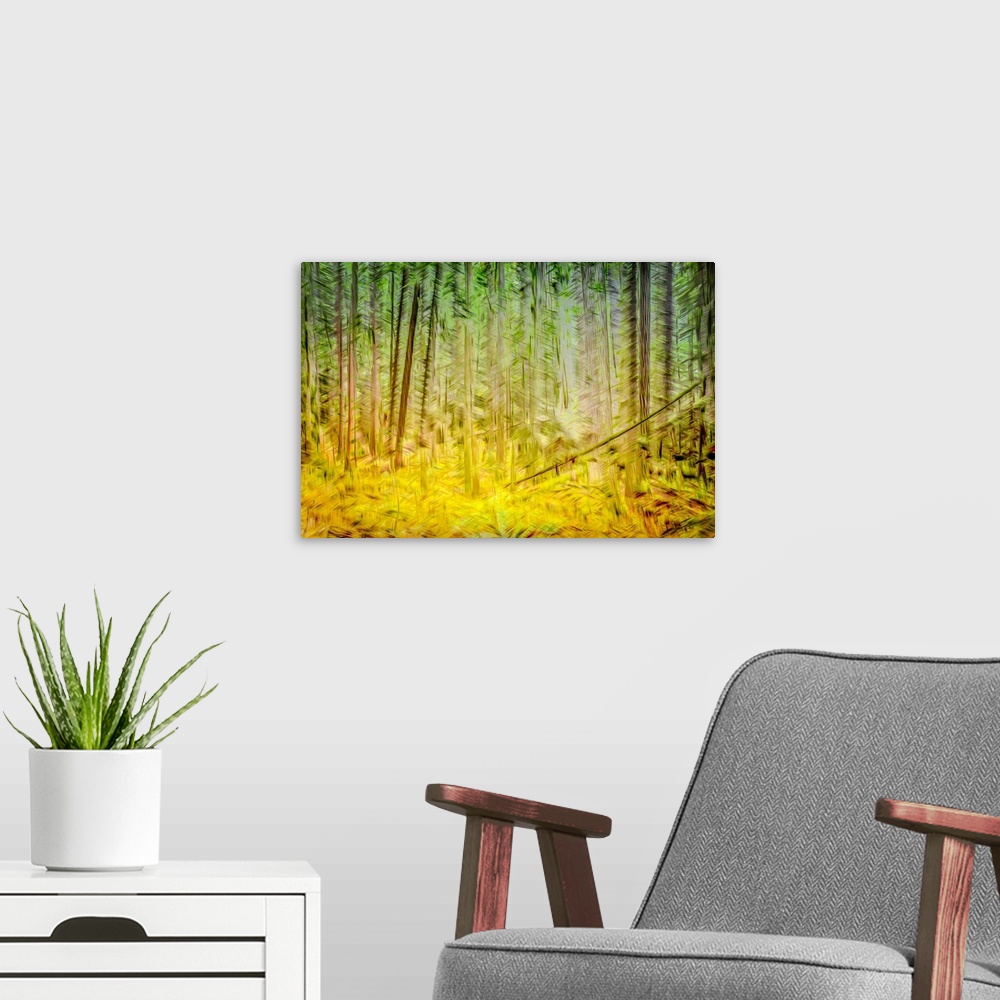 A modern room featuring Sunlight forest scene captured with In-Camera-Movement and multiple exposure.