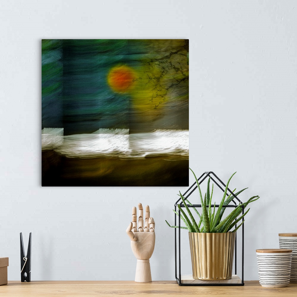 A bohemian room featuring Surreal landscape photograph of a Lochside with moving lines and a bright sun.