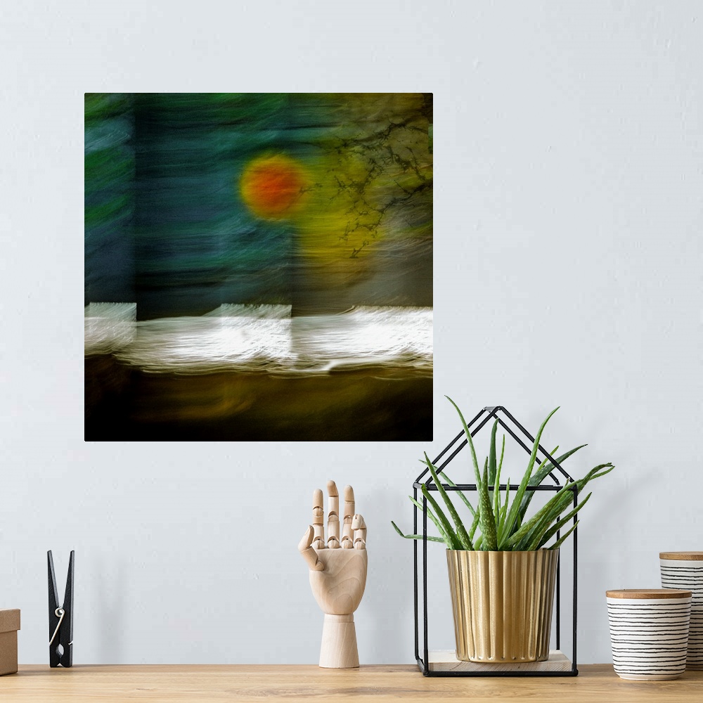 A bohemian room featuring Surreal landscape photograph of a Lochside with moving lines and a bright sun.