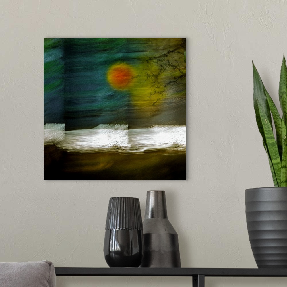 A modern room featuring Surreal landscape photograph of a Lochside with moving lines and a bright sun.