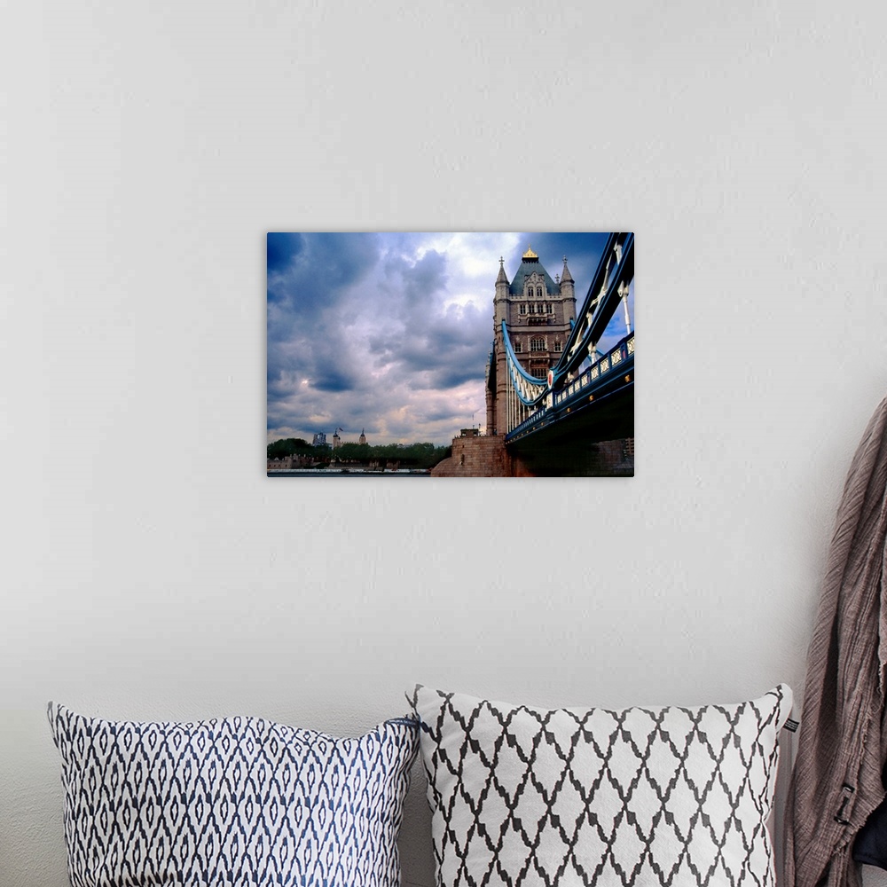 A bohemian room featuring Photograph from below of the Tower Bridge over the Thames River in London, Great Britain.