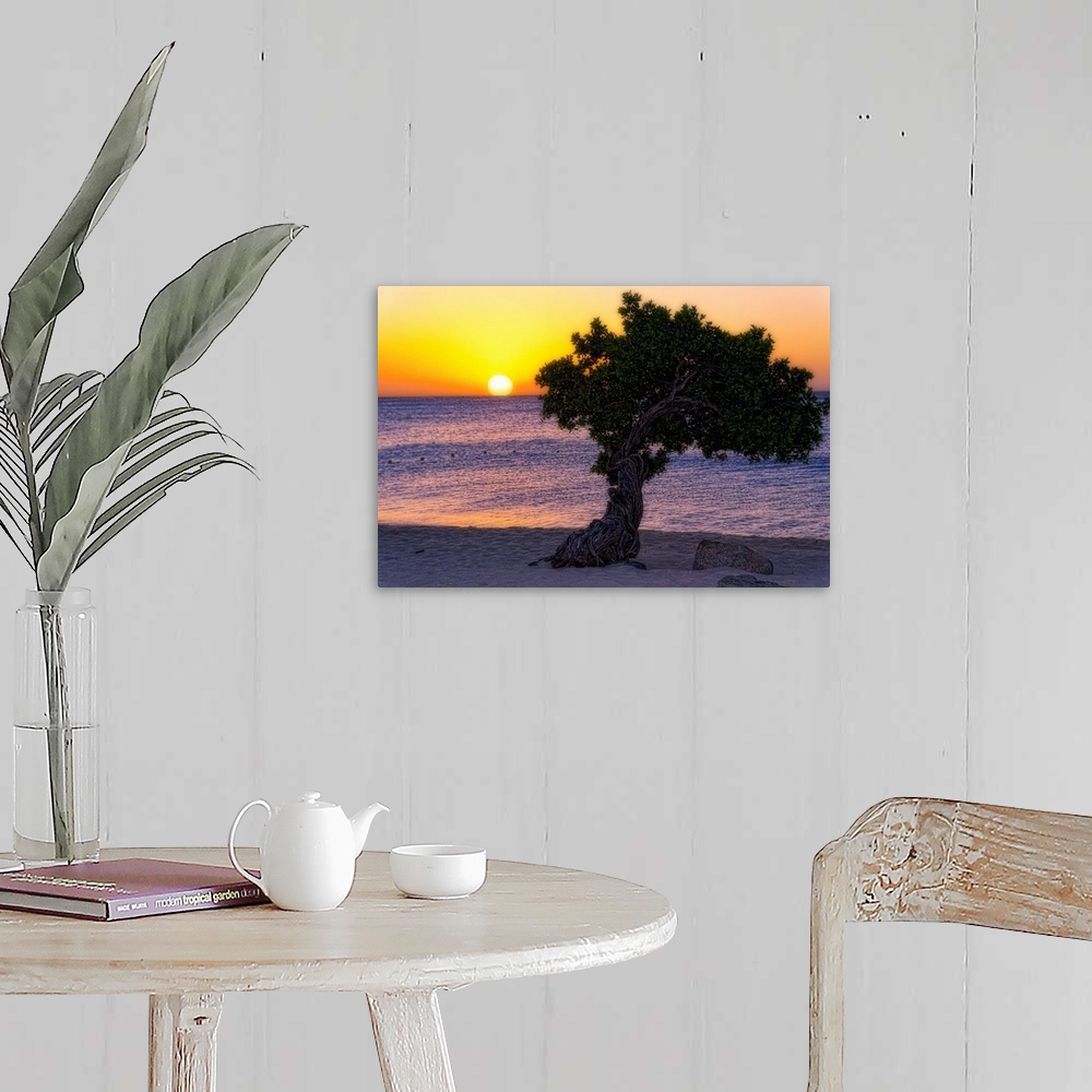 A farmhouse room featuring Fine art photo of a single tree on a sandy beach at sunset.