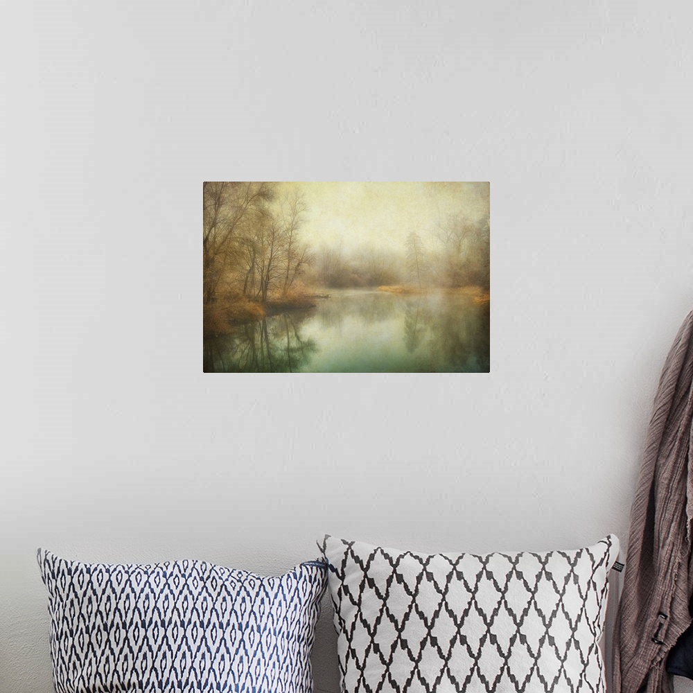 A bohemian room featuring Antique style photograph of winter trees lining a calm body of water.