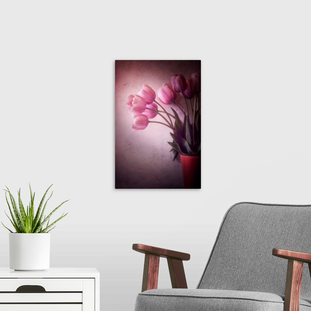 A modern room featuring Bouquet of tulips with photo texture