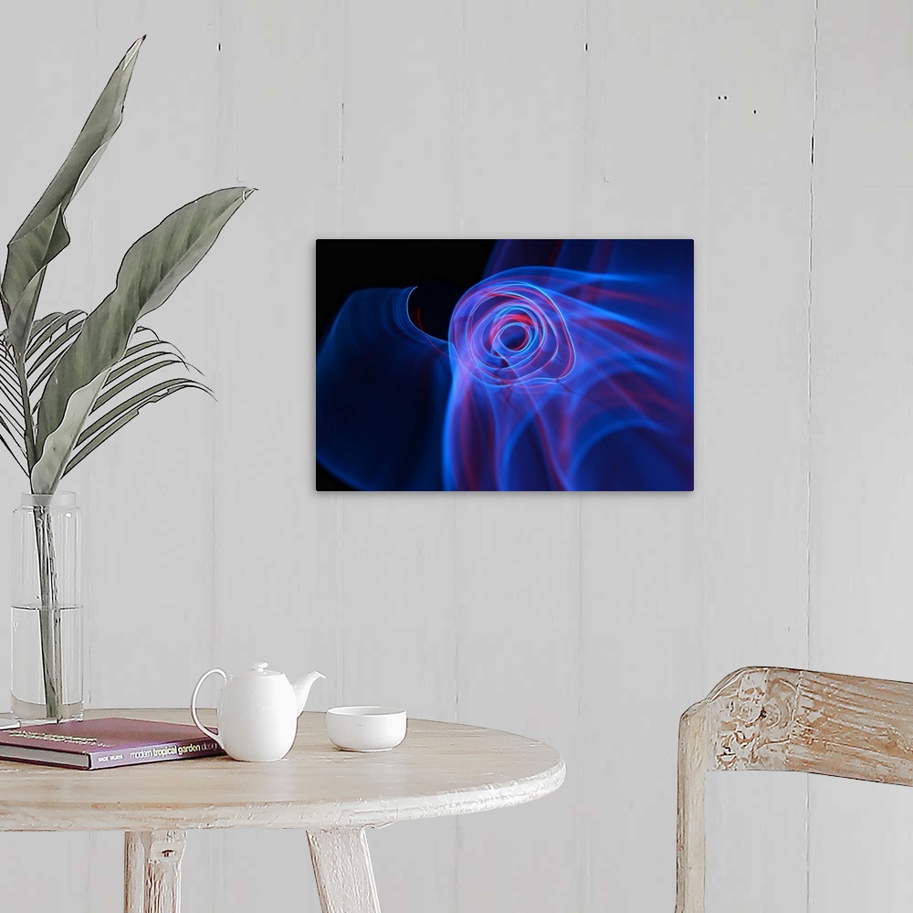 A farmhouse room featuring A macro photograph of an abstract shape in multiple colors against a black background.