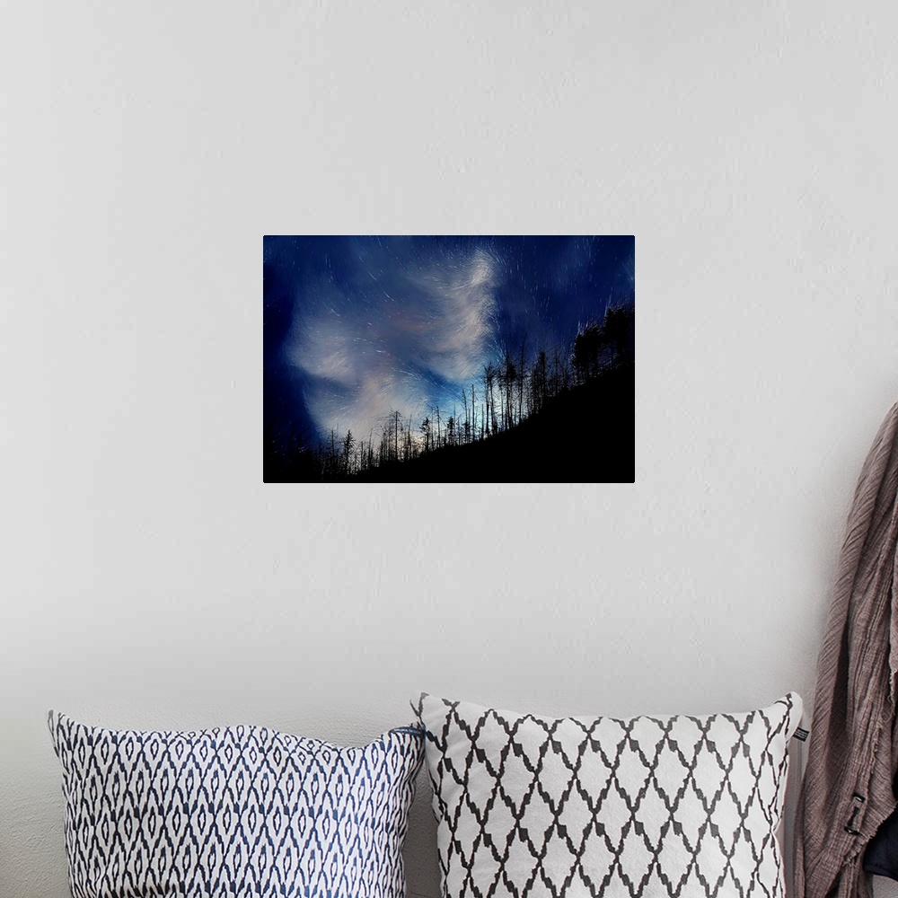 A bohemian room featuring Conceptual landscape image with silhouetted trees made with thin lines on a hill with a blue and ...