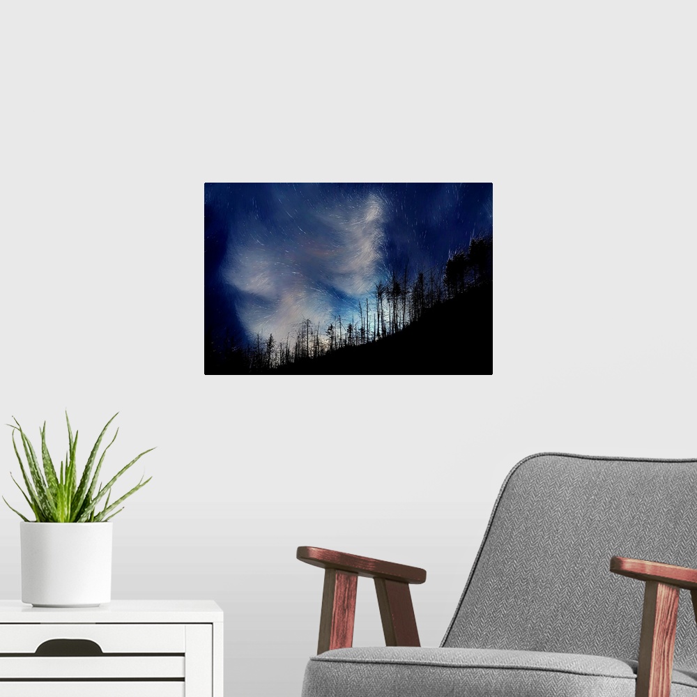 A modern room featuring Conceptual landscape image with silhouetted trees made with thin lines on a hill with a blue and ...