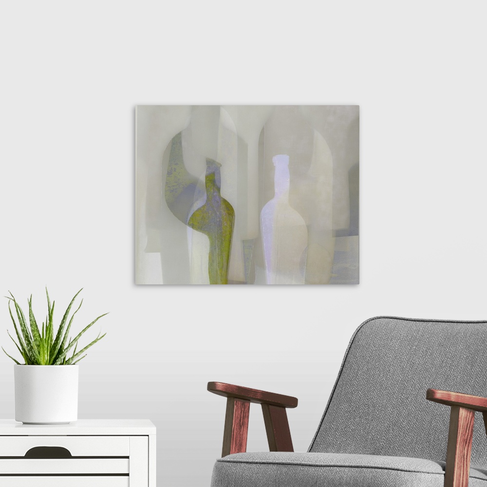A modern room featuring An abstract expressionist image of stylised bottle and ornamental object shapes in neutral and pa...