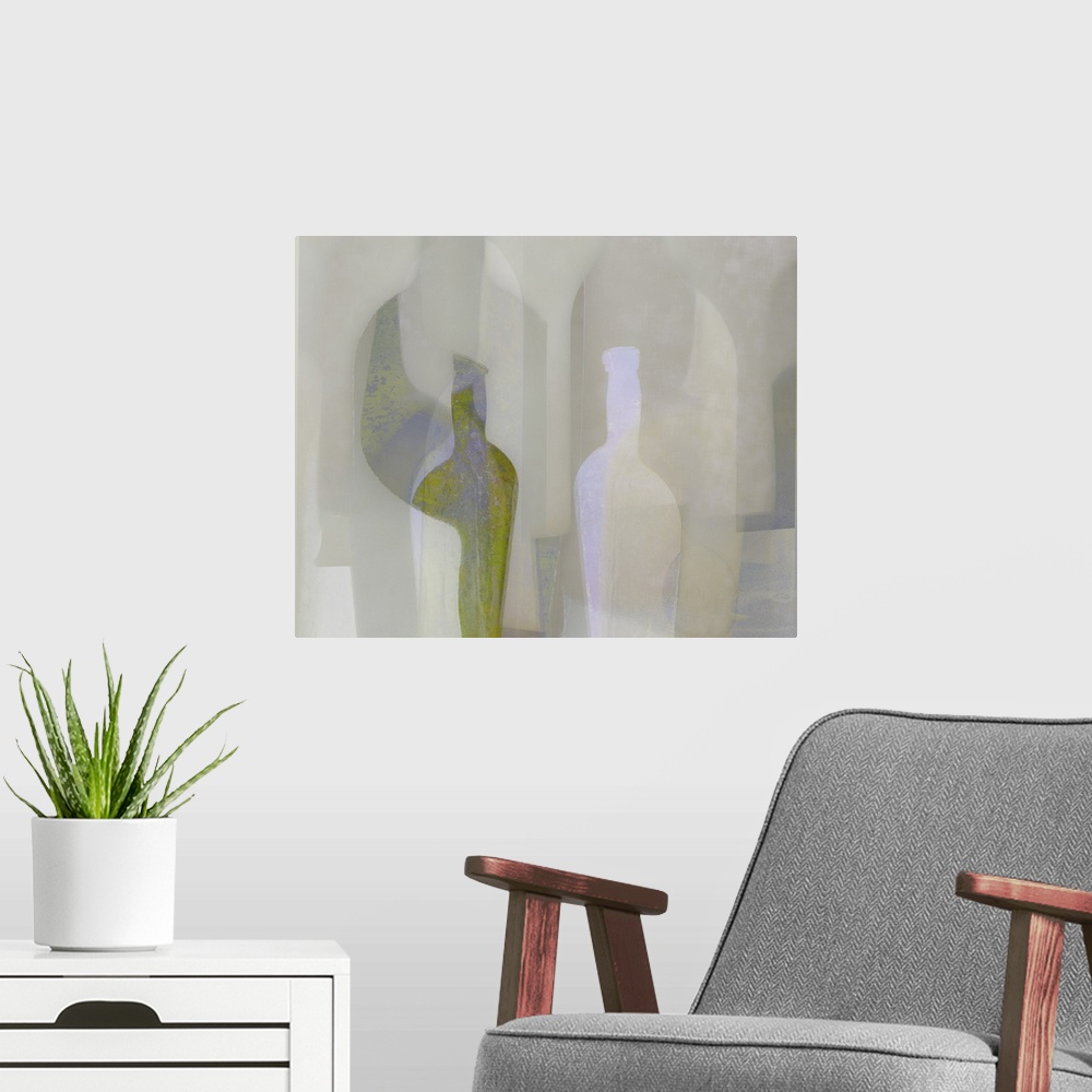 A modern room featuring An abstract expressionist image of stylised bottle and ornamental object shapes in neutral and pa...